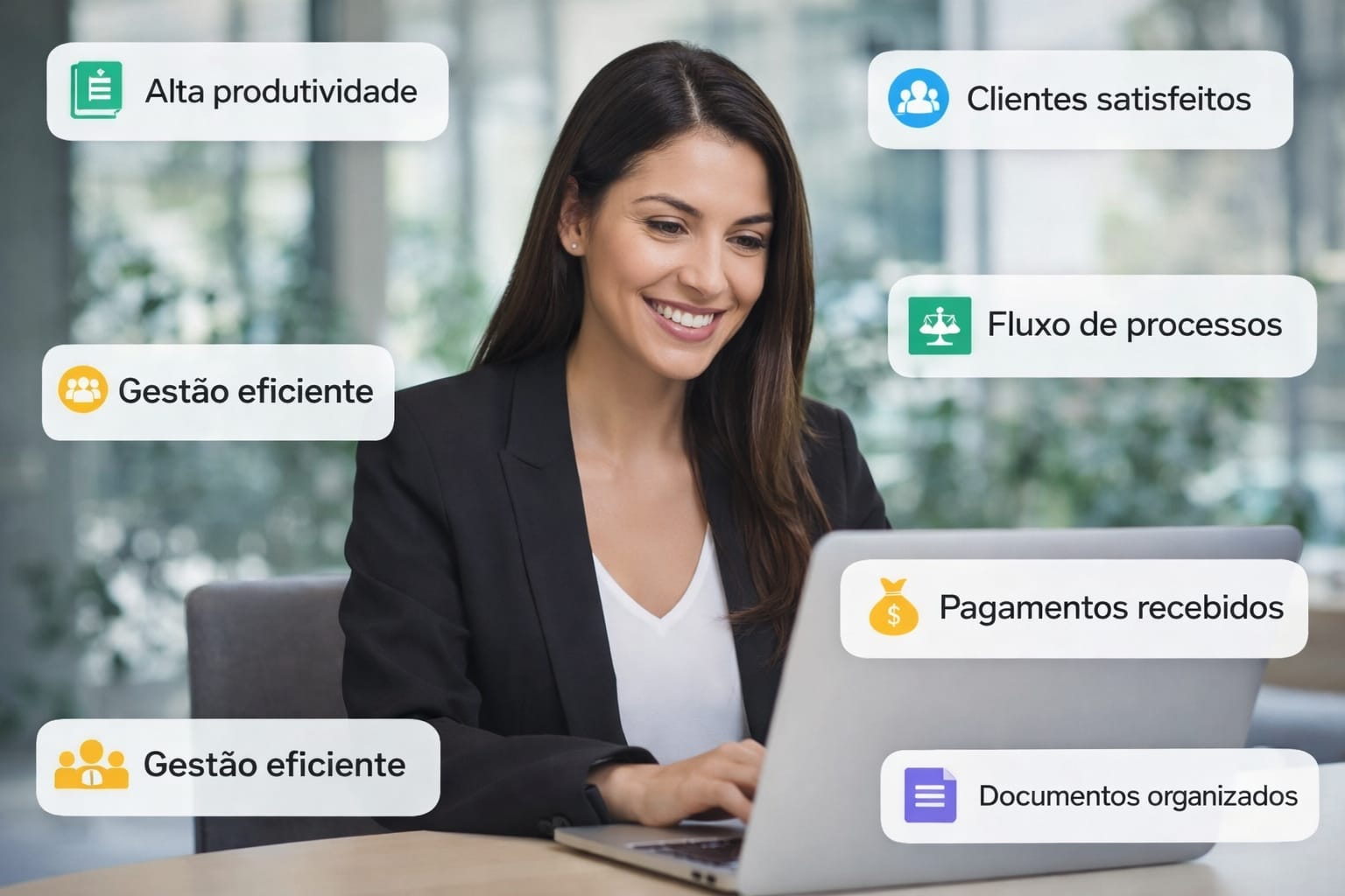 Profissional sorrindo em frente ao notebook com destaques de produtividade e organização